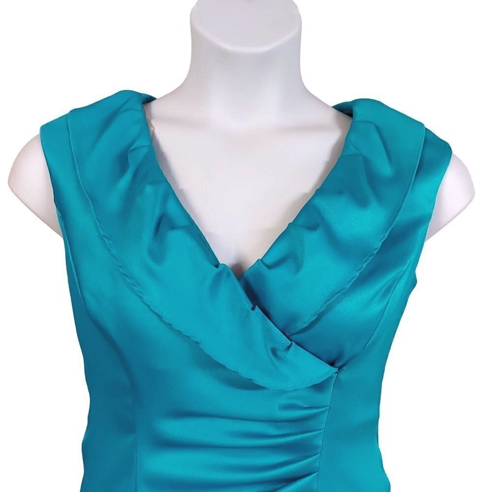Evan-Picone Petite Green Satin Ruffle Neck Sleeveless Formal Sheath Dress - Picture 4 of 8